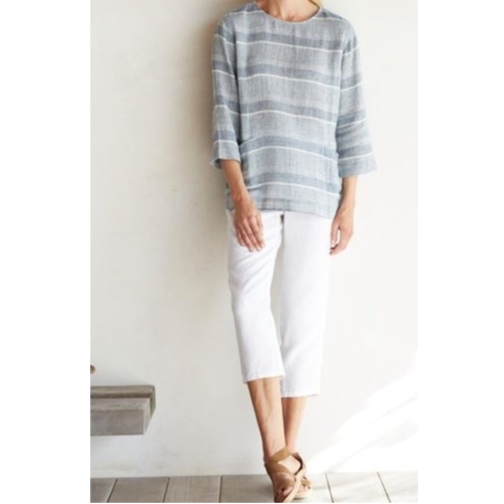 Pure Jill Blue Stripe Tunic Linen Blend Front Pockets 3/4 Sleeve Length Medium